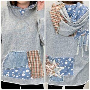 Comfy Oversized Washed Terrycloth Multi Print Patchwork Hoodie Top EUC